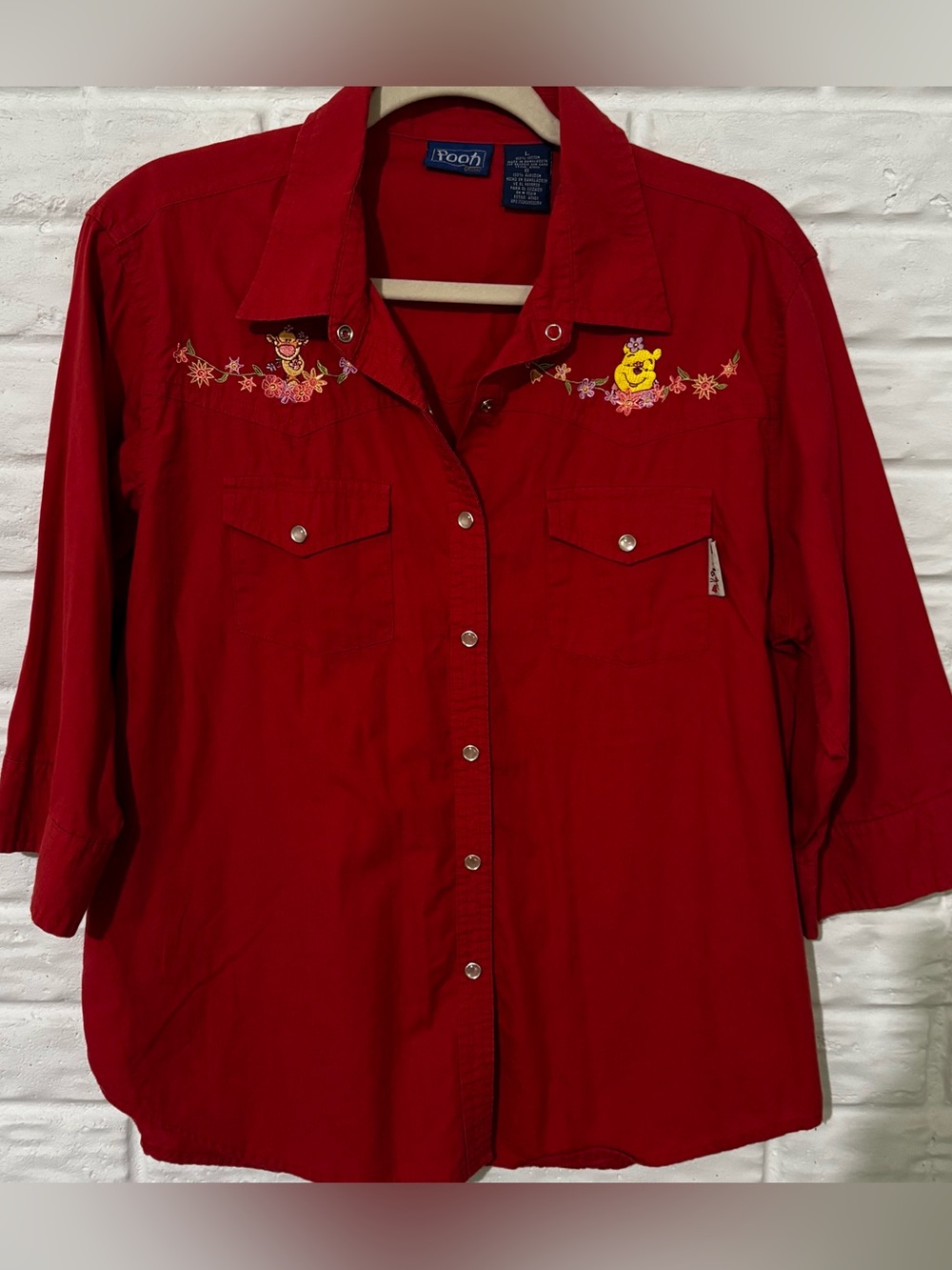Disney Pooh Pearl Snap Shirt Women’s Large Red Pooh & Tigger Embroidered Western